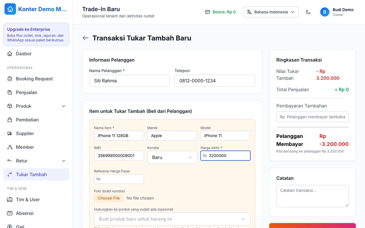 Formulir tukar tambah dengan IMEI, kondisi, harga akhir, dan referensi harga pasar